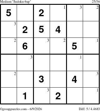 The grouppuzzles.com Medium Sudoku-6up puzzle for Tuesday June 9, 2026 with the first 3 steps marked