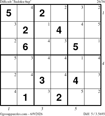 The grouppuzzles.com Difficult Sudoku-6up puzzle for Tuesday June 9, 2026 with all 5 steps marked