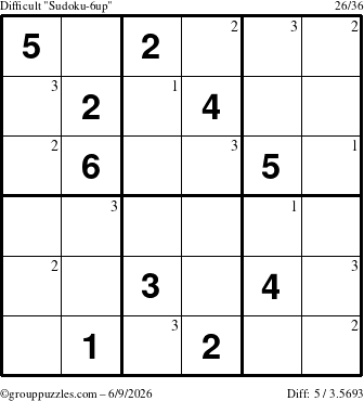The grouppuzzles.com Difficult Sudoku-6up puzzle for Tuesday June 9, 2026 with the first 3 steps marked