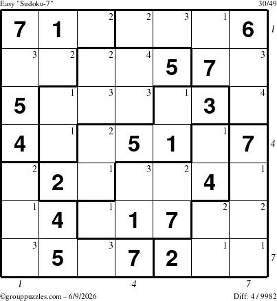 The grouppuzzles.com Easy Sudoku-7 puzzle for Tuesday June 9, 2026 with all 4 steps marked