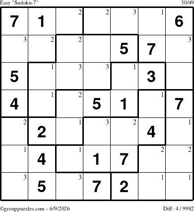 The grouppuzzles.com Easy Sudoku-7 puzzle for Tuesday June 9, 2026 with the first 3 steps marked