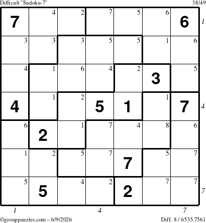The grouppuzzles.com Difficult Sudoku-7 puzzle for Tuesday June 9, 2026, suitable for printing, with all 8 steps marked