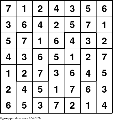 The grouppuzzles.com Answer grid for the Sudoku-7 puzzle for Tuesday June 9, 2026