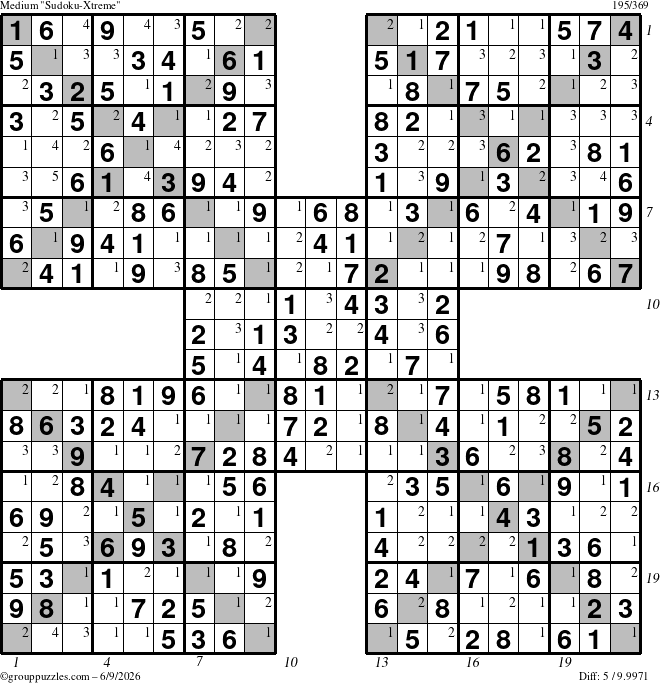 The grouppuzzles.com Medium Sudoku-Xtreme puzzle for Tuesday June 9, 2026, suitable for printing, with all 5 steps marked