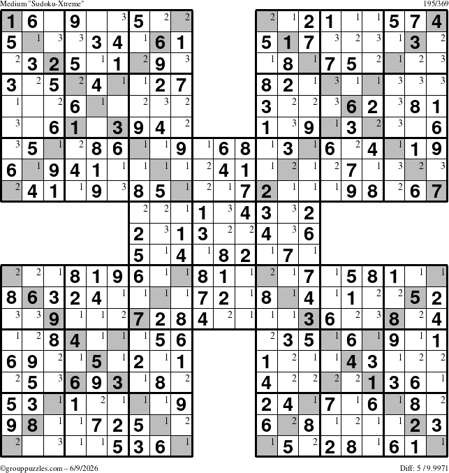 The grouppuzzles.com Medium Sudoku-Xtreme puzzle for Tuesday June 9, 2026 with the first 3 steps marked