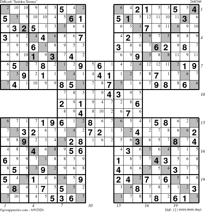 The grouppuzzles.com Difficult Sudoku-Xtreme puzzle for Tuesday June 9, 2026 with all 12 steps marked