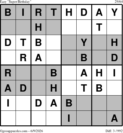 The grouppuzzles.com Easy Super-Birthday puzzle for Tuesday June 9, 2026