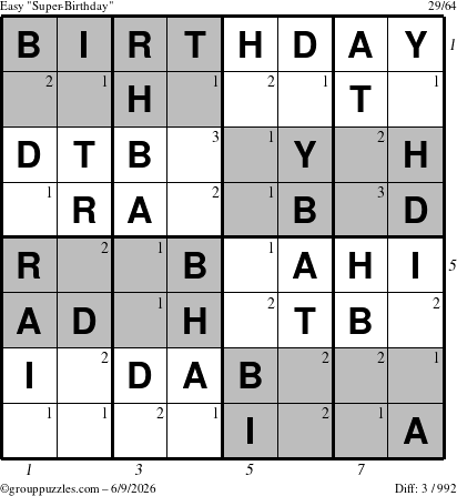 The grouppuzzles.com Easy Super-Birthday puzzle for Tuesday June 9, 2026 with all 3 steps marked