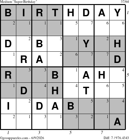 The grouppuzzles.com Medium Super-Birthday puzzle for Tuesday June 9, 2026 with all 7 steps marked