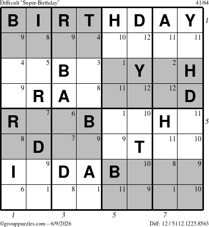The grouppuzzles.com Difficult Super-Birthday puzzle for Tuesday June 9, 2026, suitable for printing, with all 12 steps marked