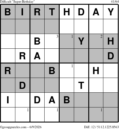 The grouppuzzles.com Difficult Super-Birthday puzzle for Tuesday June 9, 2026 with the first 3 steps marked