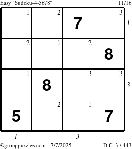 The grouppuzzles.com Easy Sudoku-4-5678 puzzle for Monday July 7, 2025 with all 3 steps marked