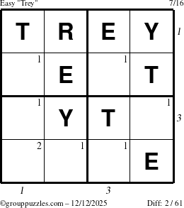 The grouppuzzles.com Easy Trey puzzle for Friday December 12, 2025, suitable for printing, with all 2 steps marked