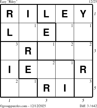 The grouppuzzles.com Easy Riley puzzle for Friday December 12, 2025, suitable for printing, with all 3 steps marked