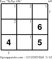 The grouppuzzles.com Easy TicTac-456 puzzle for Friday December 12, 2025, suitable for printing, with all 2 steps marked
