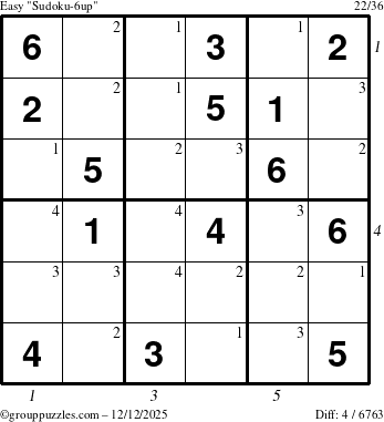 The grouppuzzles.com Easy Sudoku-6up puzzle for Friday December 12, 2025, suitable for printing, with all 4 steps marked