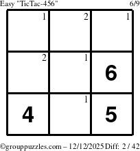 The grouppuzzles.com Easy TicTac-456 puzzle for Friday December 12, 2025 with the first 2 steps marked