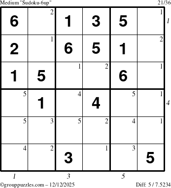 The grouppuzzles.com Medium Sudoku-6up puzzle for Friday December 12, 2025, suitable for printing, with all 5 steps marked