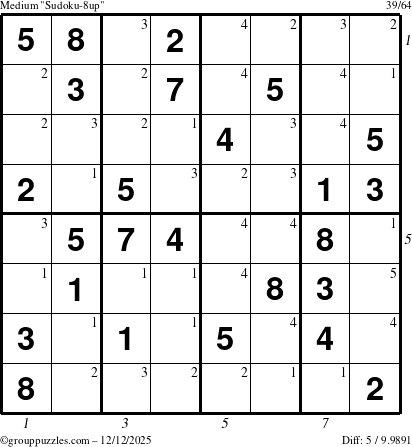 The grouppuzzles.com Medium Sudoku-8up puzzle for Friday December 12, 2025 with all 5 steps marked