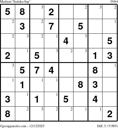 The grouppuzzles.com Medium Sudoku-8up puzzle for Friday December 12, 2025 with the first 3 steps marked