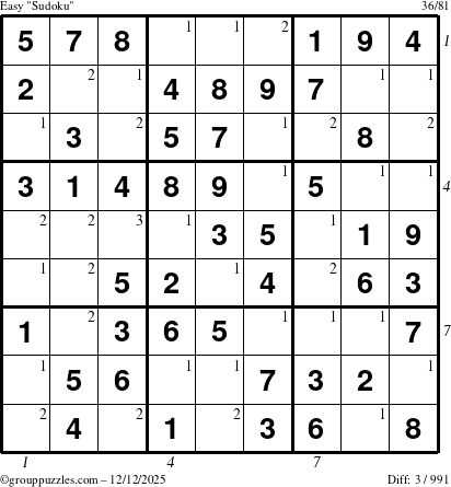 The grouppuzzles.com Easy Sudoku puzzle for Friday December 12, 2025, suitable for printing, with all 3 steps marked