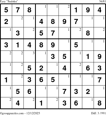 The grouppuzzles.com Easy Sudoku puzzle for Friday December 12, 2025 with the first 3 steps marked