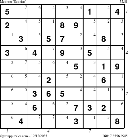 The grouppuzzles.com Medium Sudoku puzzle for Friday December 12, 2025 with all 7 steps marked