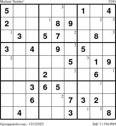 The grouppuzzles.com Medium Sudoku puzzle for Friday December 12, 2025 with the first 3 steps marked