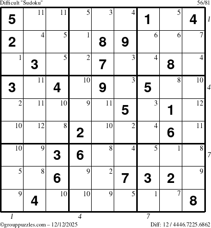 The grouppuzzles.com Difficult Sudoku puzzle for Friday December 12, 2025, suitable for printing, with all 12 steps marked