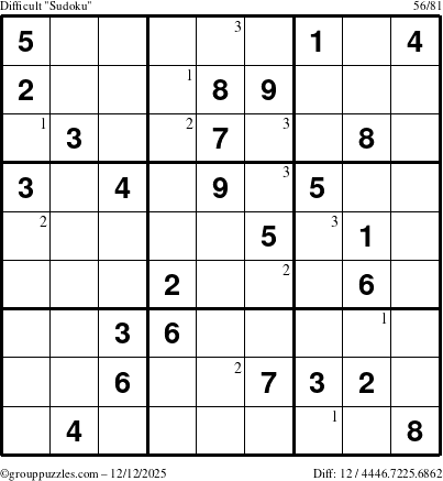The grouppuzzles.com Difficult Sudoku puzzle for Friday December 12, 2025 with the first 3 steps marked