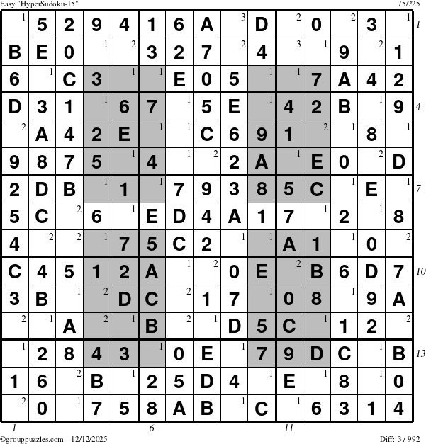 The grouppuzzles.com Easy HyperSudoku-15 puzzle for Friday December 12, 2025 with all 3 steps marked