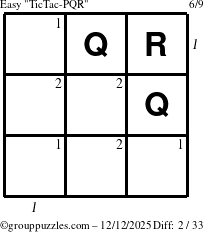 The grouppuzzles.com Easy TicTac-PQR puzzle for Friday December 12, 2025, suitable for printing, with all 2 steps marked