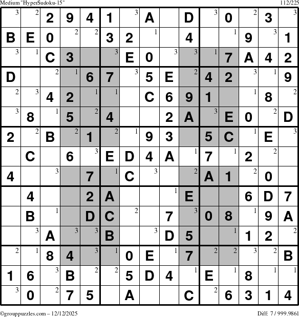 The grouppuzzles.com Medium HyperSudoku-15 puzzle for Friday December 12, 2025 with the first 3 steps marked