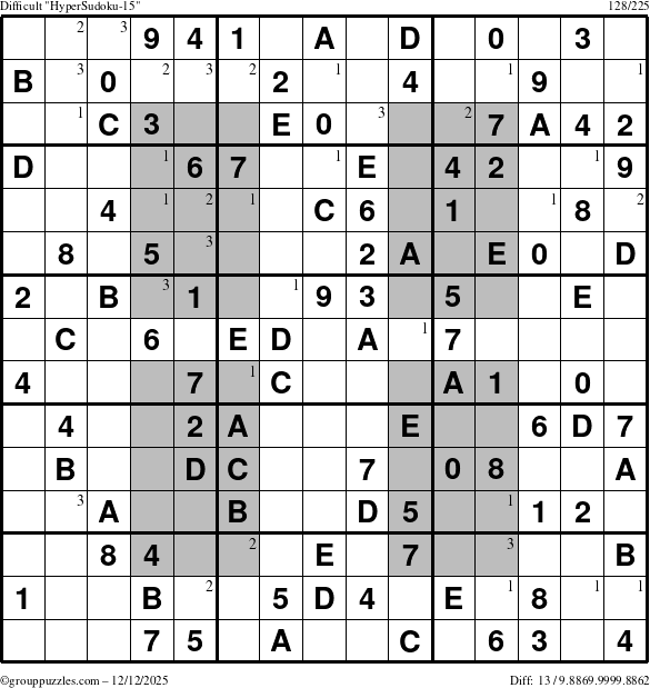 The grouppuzzles.com Difficult HyperSudoku-15 puzzle for Friday December 12, 2025 with the first 3 steps marked