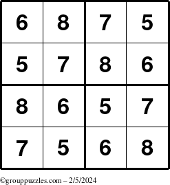 The grouppuzzles.com Answer grid for the Sudoku-4-5678 puzzle for Monday February 5, 2024