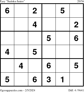 The grouppuzzles.com Easy Sudoku-Junior puzzle for Monday February 5, 2024