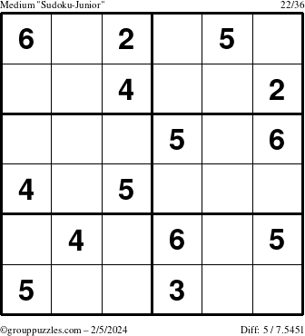 The grouppuzzles.com Medium Sudoku-Junior puzzle for Monday February 5, 2024