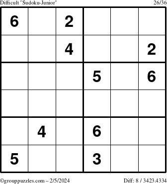 The grouppuzzles.com Difficult Sudoku-Junior puzzle for Monday February 5, 2024