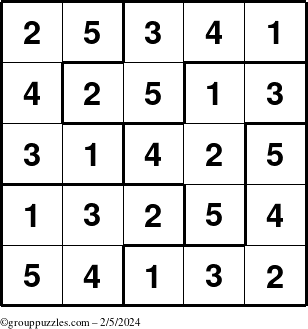 The grouppuzzles.com Answer grid for the Sudoku-5B puzzle for Monday February 5, 2024
