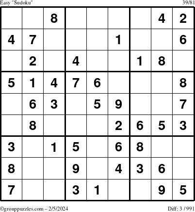 The grouppuzzles.com Easy Sudoku puzzle for Monday February 5, 2024