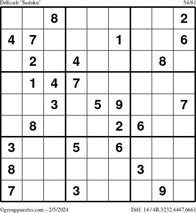 The grouppuzzles.com Difficult Sudoku puzzle for Monday February 5, 2024
