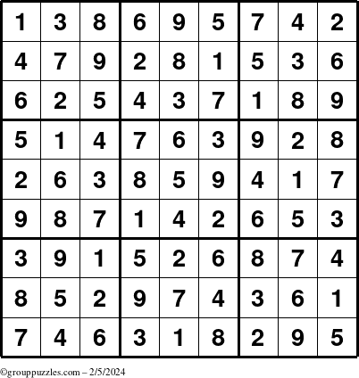The grouppuzzles.com Answer grid for the Sudoku puzzle for Monday February 5, 2024