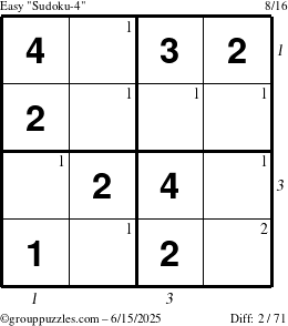 The grouppuzzles.com Easy Sudoku-4 puzzle for Sunday June 15, 2025 with all 2 steps marked