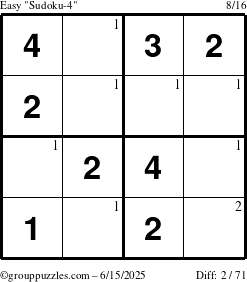 The grouppuzzles.com Easy Sudoku-4 puzzle for Sunday June 15, 2025 with the first 2 steps marked