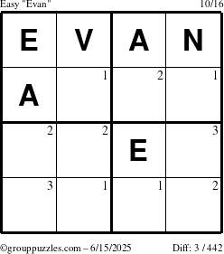 The grouppuzzles.com Easy Evan puzzle for Sunday June 15, 2025 with the first 3 steps marked