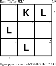 The grouppuzzles.com Easy TicTac-JKL puzzle for Sunday June 15, 2025 with all 2 steps marked