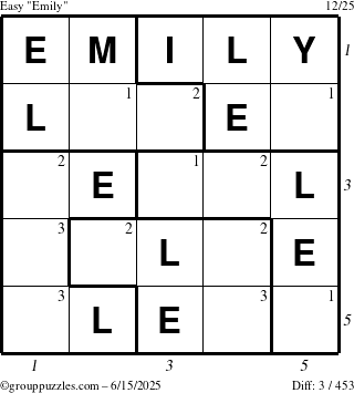 The grouppuzzles.com Easy Emily puzzle for Sunday June 15, 2025 with all 3 steps marked