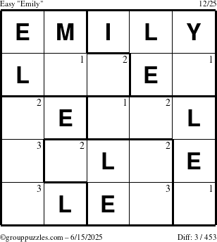 The grouppuzzles.com Easy Emily puzzle for Sunday June 15, 2025 with the first 3 steps marked