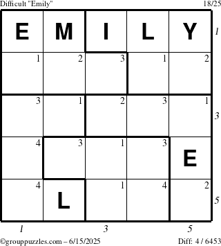 The grouppuzzles.com Difficult Emily puzzle for Sunday June 15, 2025 with all 4 steps marked