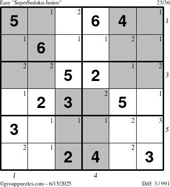 The grouppuzzles.com Easy SuperSudoku-Junior puzzle for Sunday June 15, 2025 with all 3 steps marked
